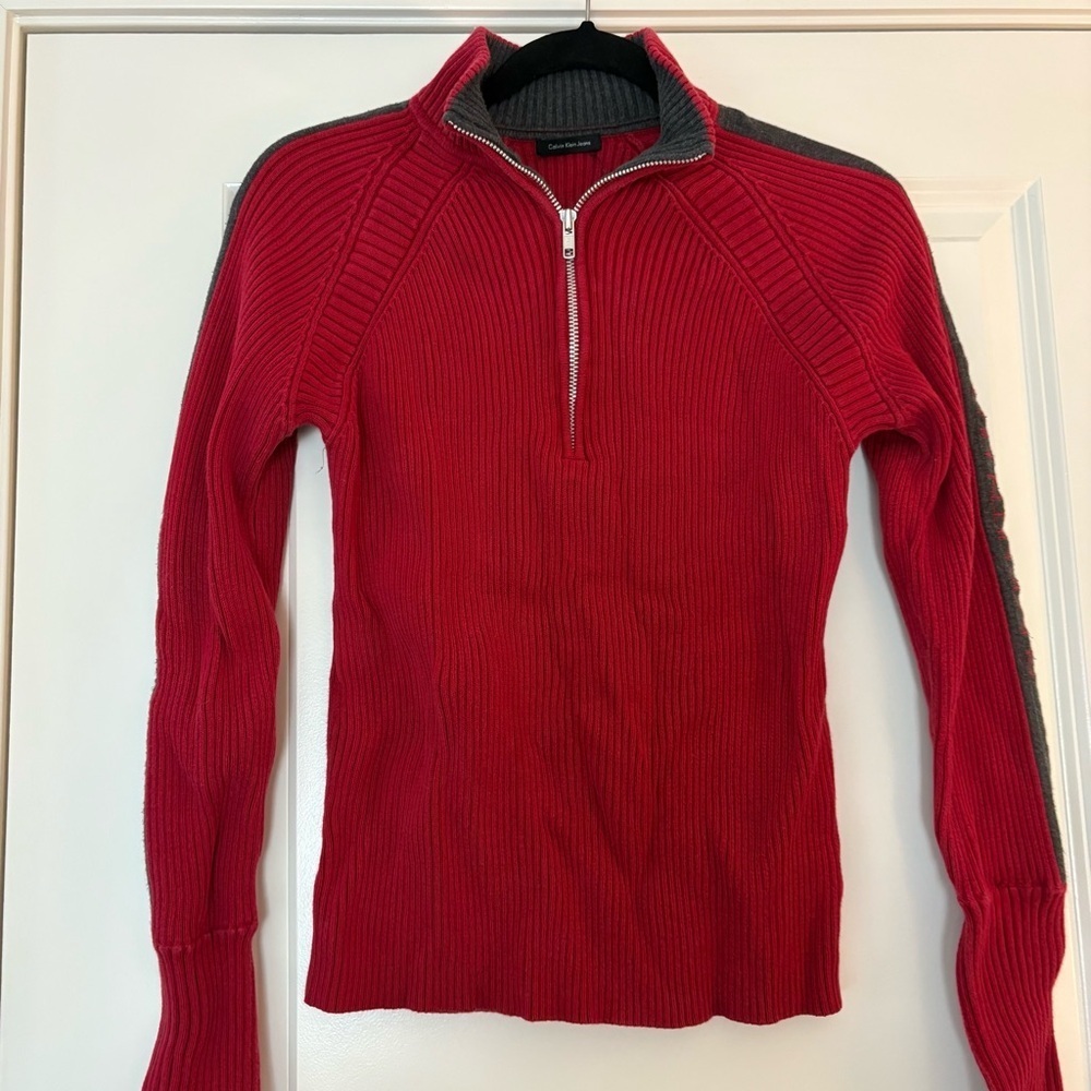 Calvin Klein Women’s Red with Gray Accents Half-Zip Long Sleeve Sweater
